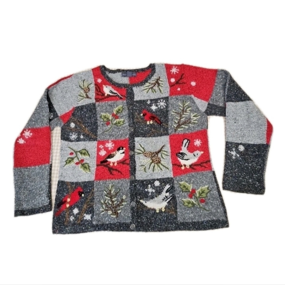 Northern Isles Gray Red Patchwork Songbird Woodland Motif Knit Cardigan Sweater
